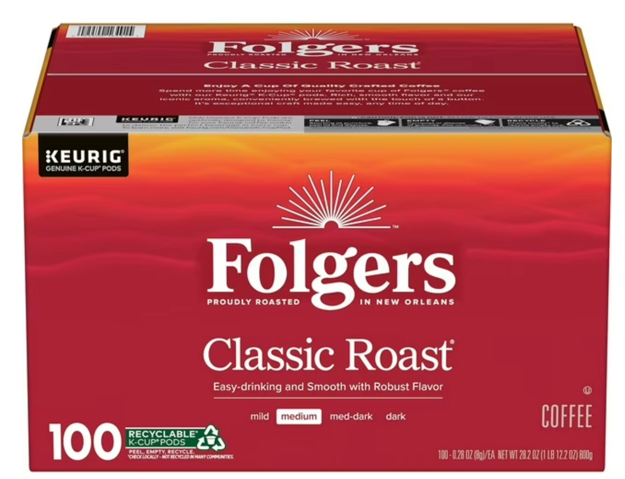 Folgers Classic Medium Roast K-Cup Coffee Pods, 100 ct.