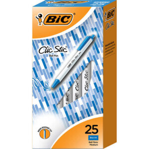 Product Details Model: BICCSM11BK Clic Stic Retractable Ballpoint Pen Medium point (1.0mm) Blue ink 25 pens per box 2 boxes 50 pens total