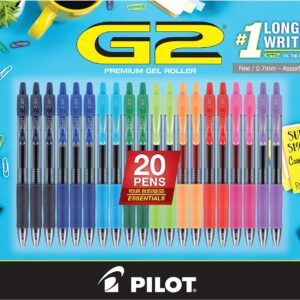 Pilot G2 Retractable Gel Pen, Fine Point 0.7mm, Assorted Ink Colors, 20 ct