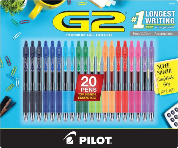 Pilot G2 Retractable Gel Pen, Fine Point 0.7mm, Assorted Ink Colors, 20 ct